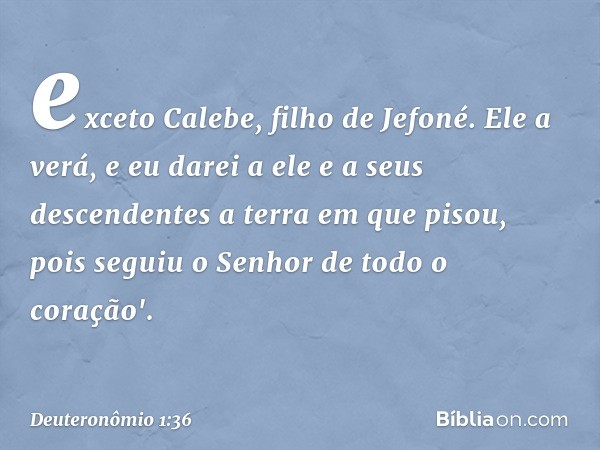 exceto Calebe, filho de Jefoné. Ele a verá, e eu darei a ele e a seus descendentes a terra em que pisou, pois seguiu o Senhor de todo o coração'. -- Deuteronômi