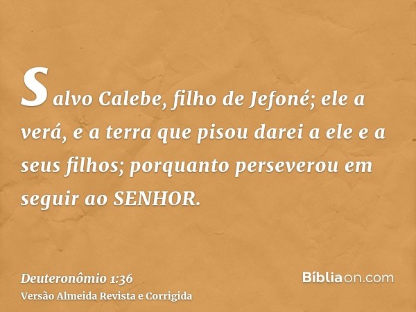 salvo Calebe, filho de Jefoné; ele a verá, e a terra que pisou darei a ele e a seus filhos; porquanto perseverou em seguir ao SENHOR.