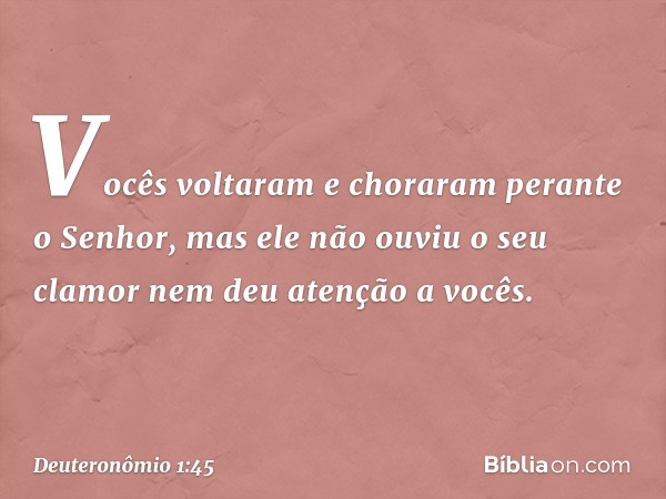 Vocês voltaram e choraram perante o Senhor, mas ele não ouviu o seu clamor nem deu atenção a vocês. -- Deuteronômio 1:45