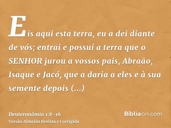 Eis aqui esta terra, eu a dei diante de vós; entrai e possuí a terra que o SENHOR jurou a vossos pais, Abraão, Isaque e Jacó, que a daria a eles e à sua semente