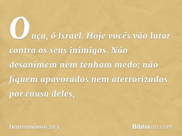 'Ouça, ó Israel. Hoje vocês vão lutar contra os seus inimigos. Não desanimem nem tenham medo; não fiquem apavorados nem aterrorizados por causa deles, -- Deuter