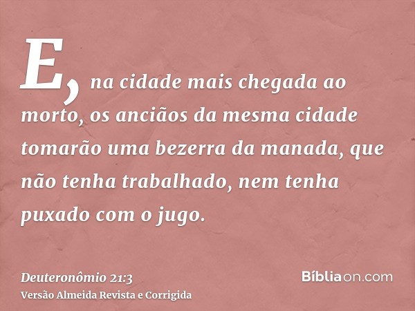 E, na cidade mais chegada ao morto, os anciãos da mesma cidade tomarão uma bezerra da manada, que não tenha trabalhado, nem tenha puxado com o jugo.