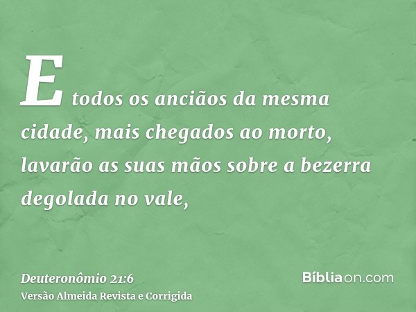 E todos os anciãos da mesma cidade, mais chegados ao morto, lavarão as suas mãos sobre a bezerra degolada no vale,
