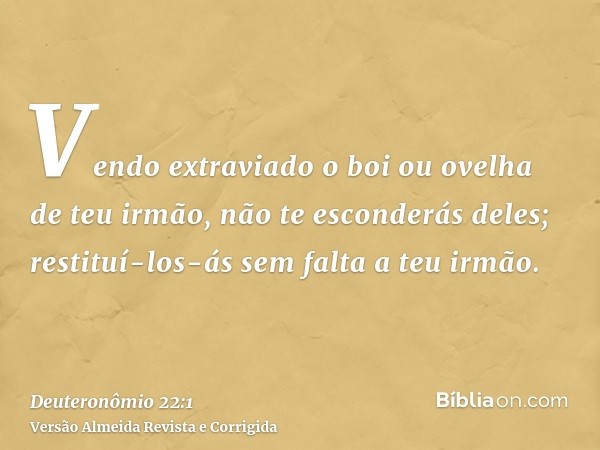 Vendo extraviado o boi ou ovelha de teu irmão, não te esconderás deles; restituí-los-ás sem falta a teu irmão.