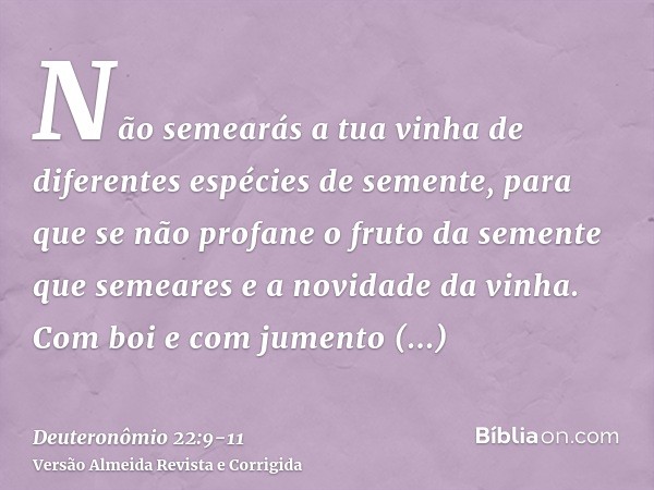 Não semearás a tua vinha de diferentes espécies de semente, para que se não profane o fruto da semente que semeares e a novidade da vinha.Com boi e com jumento 