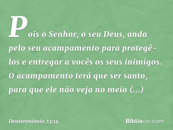 Pois o Senhor, o seu Deus, anda pelo seu acampamento para protegê-los e entregar a vocês os seus inimigos. O acampamento terá que ser santo, para que ele não ve