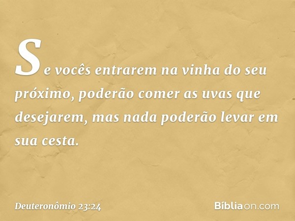 "Se vocês entrarem na vinha do seu próximo, poderão comer as uvas que desejarem, mas nada poderão levar em sua cesta. -- Deuteronômio 23:24