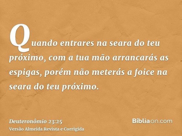 Quando entrares na seara do teu próximo, com a tua mão arrancarás as espigas, porém não meterás a foice na seara do teu próximo.