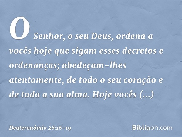 "O Senhor, o seu Deus, ordena a vocês hoje que sigam esses decretos e ordenanças; obedeçam-lhes atentamente, de todo o seu coração e de toda a sua alma. Hoje vo