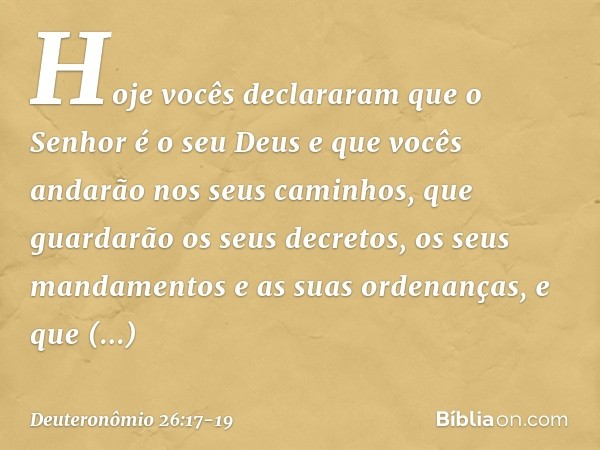 Hoje vocês declararam que o Senhor é o seu Deus e que vocês andarão nos seus caminhos, que guardarão os seus decretos, os seus mandamentos e as suas ordenanças,