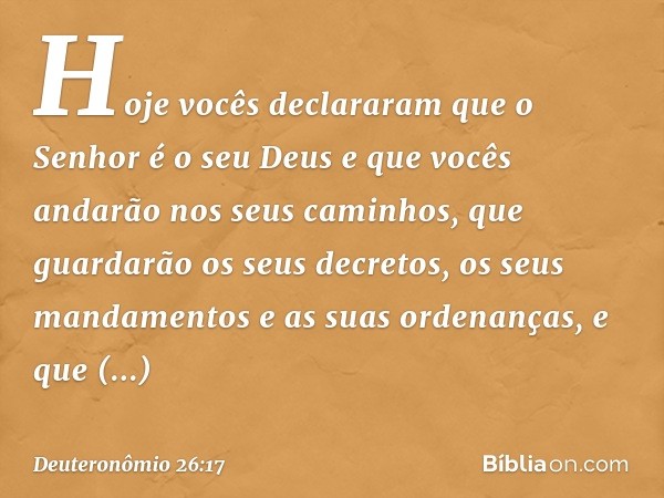 Hoje vocês declararam que o Senhor é o seu Deus e que vocês andarão nos seus caminhos, que guardarão os seus decretos, os seus mandamentos e as suas ordenanças,