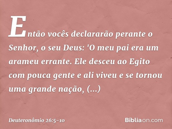 Então vocês declararão perante o Senhor, o seu Deus: 'O meu pai era um arameu errante. Ele desceu ao Egito com pouca gente e ali viveu e se tornou uma grande na