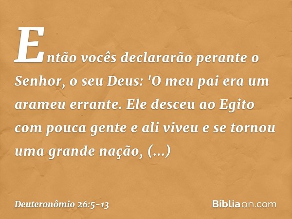 Então vocês declararão perante o Senhor, o seu Deus: 'O meu pai era um arameu errante. Ele desceu ao Egito com pouca gente e ali viveu e se tornou uma grande na