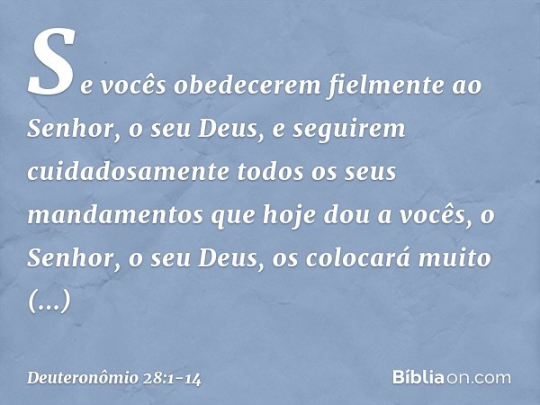 "Se vocês obedecerem fielmente ao Senhor, o seu Deus, e seguirem cuidadosamente todos os seus mandamentos que hoje dou a vocês, o Senhor, o seu Deus, os colocar