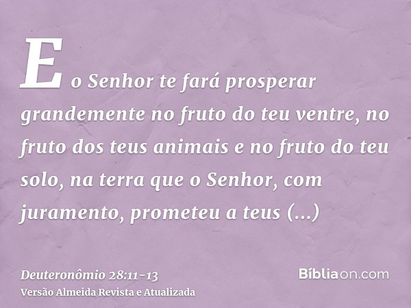 E o Senhor te fará prosperar grandemente no fruto do teu ventre, no fruto dos teus animais e no fruto do teu solo, na terra que o Senhor, com juramento, promete