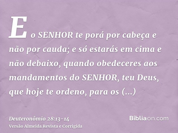 E o SENHOR te porá por cabeça e não por cauda; e só estarás em cima e não debaixo, quando obedeceres aos mandamentos do SENHOR, teu Deus, que hoje te ordeno, pa