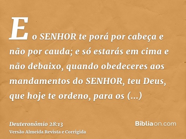 E o SENHOR te porá por cabeça e não por cauda; e só estarás em cima e não debaixo, quando obedeceres aos mandamentos do SENHOR, teu Deus, que hoje te ordeno, pa