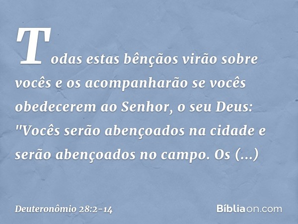 Todas estas bênçãos virão sobre vocês e os acompanharão se vocês obedecerem ao Senhor, o seu Deus: "Vocês serão abençoados na cidade
e serão abençoados no campo