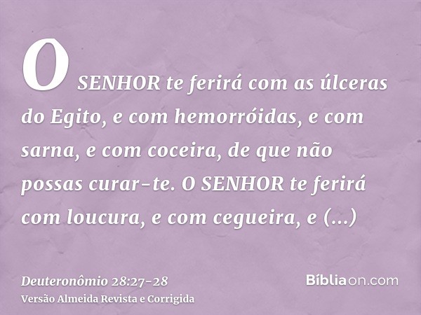 O SENHOR te ferirá com as úlceras do Egito, e com hemorróidas, e com sarna, e com coceira, de que não possas curar-te.O SENHOR te ferirá com loucura, e com cegu