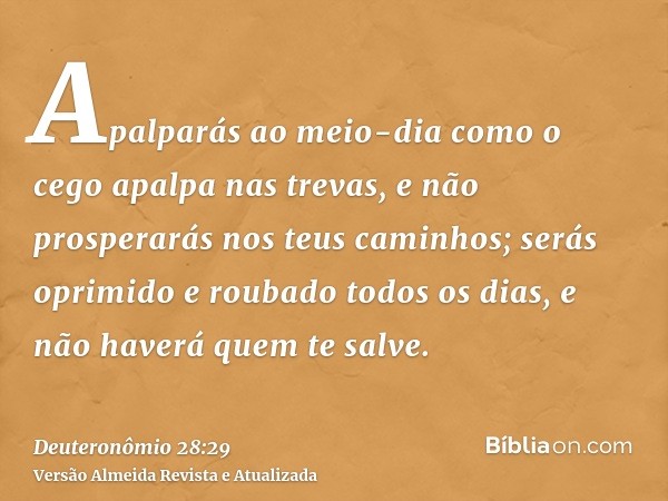 Apalparás ao meio-dia como o cego apalpa nas trevas, e não prosperarás nos teus caminhos; serás oprimido e roubado todos os dias, e não haverá quem te salve.