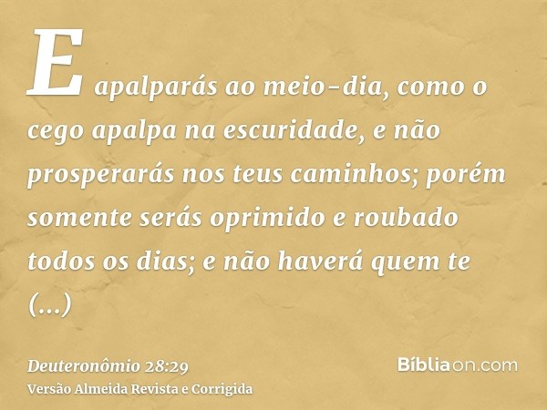 E apalparás ao meio-dia, como o cego apalpa na escuridade, e não prosperarás nos teus caminhos; porém somente serás oprimido e roubado todos os dias; e não have