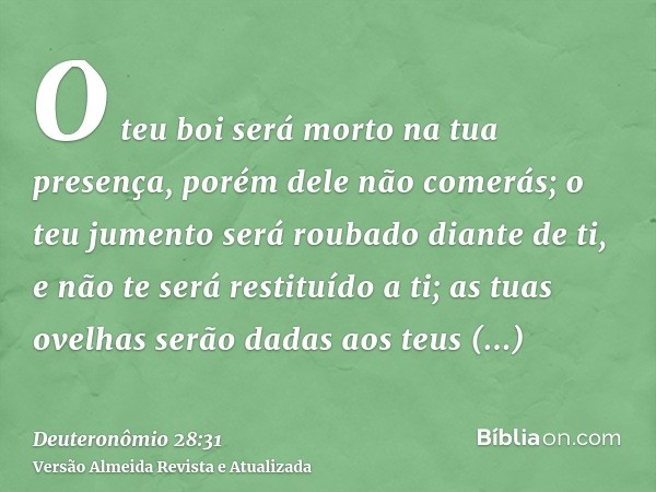 O teu boi será morto na tua presença, porém dele não comerás; o teu jumento será roubado diante de ti, e não te será restituído a ti; as tuas ovelhas serão dada