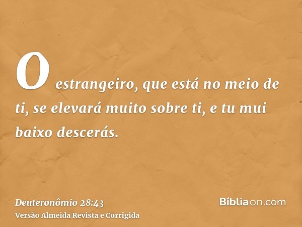 O estrangeiro, que está no meio de ti, se elevará muito sobre ti, e tu mui baixo descerás.
