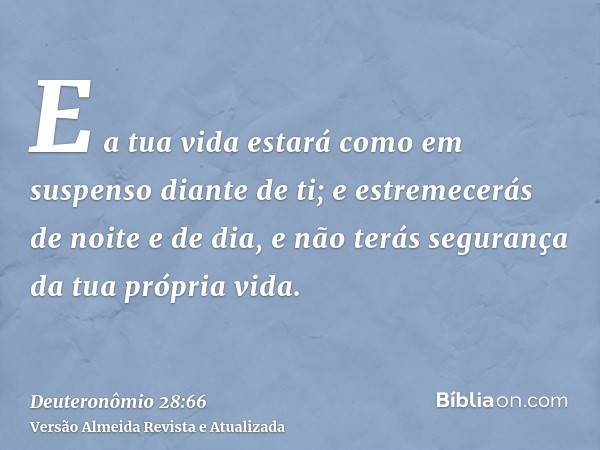 E a tua vida estará como em suspenso diante de ti; e estremecerás de noite e de dia, e não terás segurança da tua própria vida.