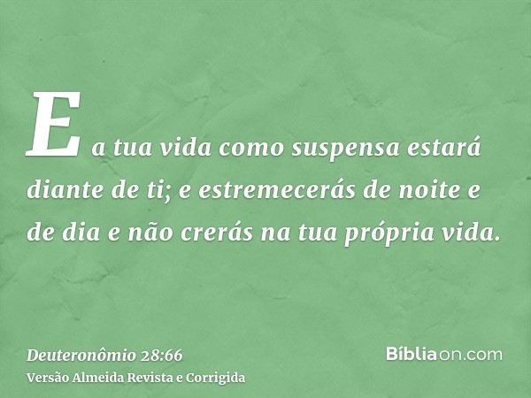 E a tua vida como suspensa estará diante de ti; e estremecerás de noite e de dia e não crerás na tua própria vida.