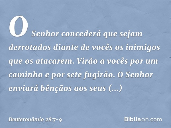 "O Senhor concederá que sejam derrotados diante de vocês os inimigos que os atacarem. Virão a vocês por um caminho e por sete fugirão. "O Senhor enviará bênçãos