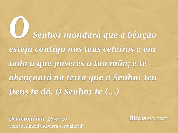 O Senhor mandará que a bênção esteja contigo nos teus celeiros e em tudo a que puseres a tua mão; e te abençoará na terra que o Senhor teu Deus te dá.O Senhor t