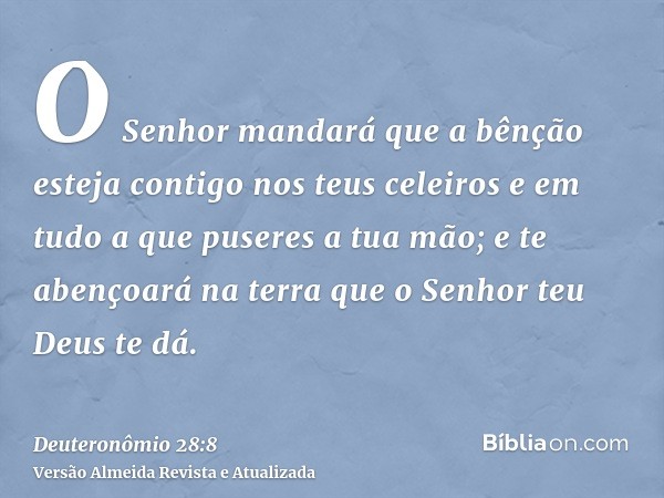 O Senhor mandará que a bênção esteja contigo nos teus celeiros e em tudo a que puseres a tua mão; e te abençoará na terra que o Senhor teu Deus te dá.