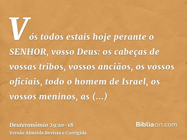 Vós todos estais hoje perante o SENHOR, vosso Deus: os cabeças de vossas tribos, vossos anciãos, os vossos oficiais, todo o homem de Israel,os vossos meninos, a