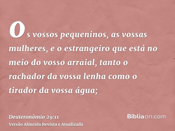 os vossos pequeninos, as vossas mulheres, e o estrangeiro que está no meio do vosso arraial, tanto o rachador da vossa lenha como o tirador da vossa água;