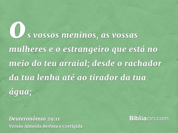 os vossos meninos, as vossas mulheres e o estrangeiro que está no meio do teu arraial; desde o rachador da tua lenha até ao tirador da tua água;