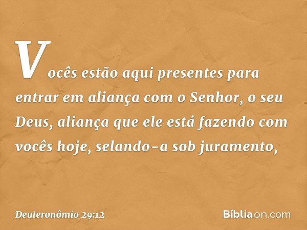 Vocês estão aqui presentes para entrar em aliança com o Senhor, o seu Deus, aliança que ele está fazendo com vocês hoje, selando-a sob juramento, -- Deuteronômi