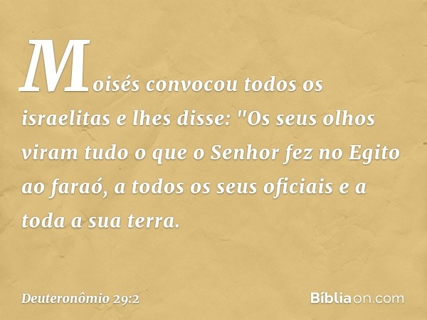 Moisés convocou todos os israelitas e lhes disse:
"Os seus olhos viram tudo o que o Senhor fez no Egito ao faraó, a todos os seus oficiais e a toda a sua terra.