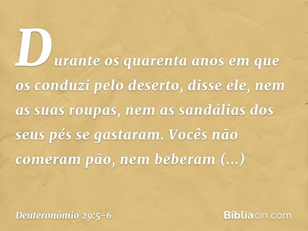 'Durante os quarenta anos em que os conduzi pelo deserto', disse ele, 'nem as suas roupas, nem as sandálias dos seus pés se gastaram. Vocês não comeram pão, nem