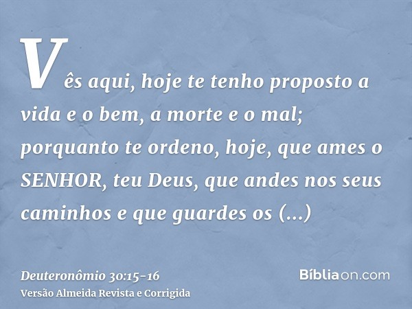 Vês aqui, hoje te tenho proposto a vida e o bem, a morte e o mal;porquanto te ordeno, hoje, que ames o SENHOR, teu Deus, que andes nos seus caminhos e que guard