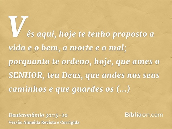 Vês aqui, hoje te tenho proposto a vida e o bem, a morte e o mal;porquanto te ordeno, hoje, que ames o SENHOR, teu Deus, que andes nos seus caminhos e que guard