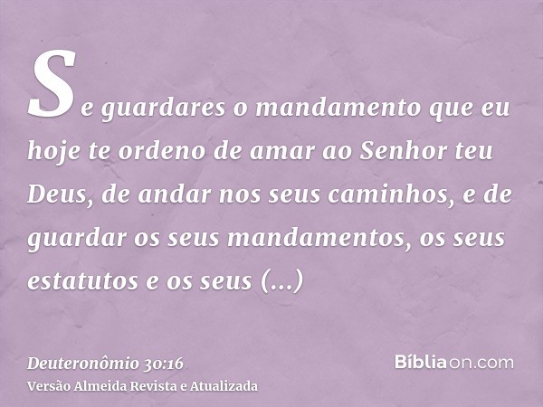 Se guardares o mandamento que eu hoje te ordeno de amar ao Senhor teu Deus, de andar nos seus caminhos, e de guardar os seus mandamentos, os seus estatutos e os