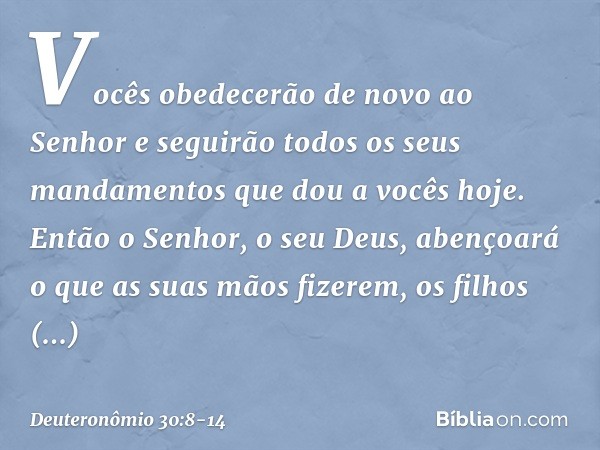 Vocês obedecerão de novo ao Senhor e seguirão todos os seus mandamentos que dou a vocês hoje. Então o Senhor, o seu Deus, abençoará o que as suas mãos fizerem, 