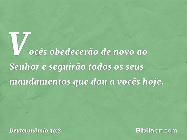 Vocês obedecerão de novo ao Senhor e seguirão todos os seus mandamentos que dou a vocês hoje. -- Deuteronômio 30:8