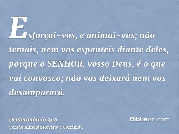 Esforçai-vos, e animai-vos; não temais, nem vos espanteis diante deles, porque o SENHOR, vosso Deus, é o que vai convosco; não vos deixará nem vos desamparará.