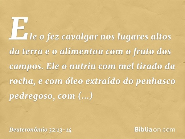 Ele o fez cavalgar
nos lugares altos da terra
e o alimentou com o fruto dos campos.
Ele o nutriu com mel tirado da rocha,
e com óleo extraído
do penhasco pedreg