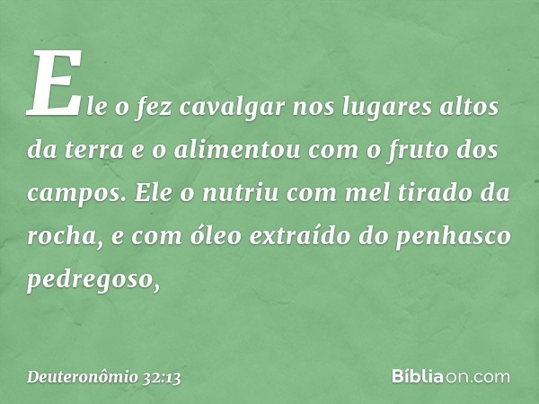 Ele o fez cavalgar
nos lugares altos da terra
e o alimentou com o fruto dos campos.
Ele o nutriu com mel tirado da rocha,
e com óleo extraído
do penhasco pedreg