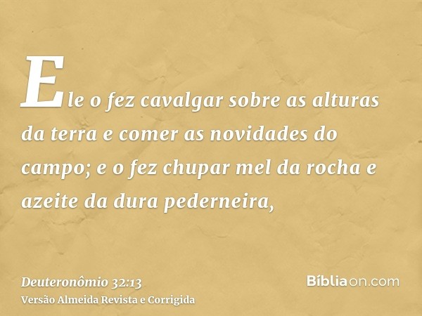 Ele o fez cavalgar sobre as alturas da terra e comer as novidades do campo; e o fez chupar mel da rocha e azeite da dura pederneira,