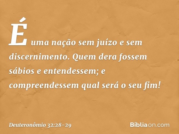 "É uma nação sem juízo
e sem discernimento. Quem dera fossem sábios
e entendessem;
e compreendessem qual será o seu fim! -- Deuteronômio 32:28-29