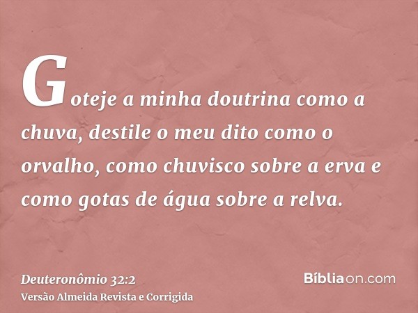 Goteje a minha doutrina como a chuva, destile o meu dito como o orvalho, como chuvisco sobre a erva e como gotas de água sobre a relva.