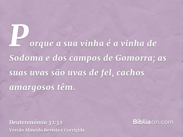 Porque a sua vinha é a vinha de Sodoma e dos campos de Gomorra; as suas uvas são uvas de fel, cachos amargosos têm.